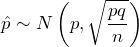 \hat{p} \sim N \left(p, \displaystyle\sqrt{\frac{pq}{n}} \right)