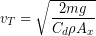 \begin{equation*} v_T = \sqrt{\frac{2mg}{C_d \rho A_x}} \end{equation*}