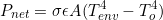 \begin{equation*} P_{net} = \sigma \epsilon A(T_{env}^4-T_{o}^4) \end{equation*}