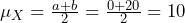 \mu_X = \frac{a + b}{2} = \frac{0 + 20}{2} = 10