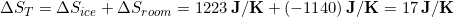 \begin{equation*} \Delta S_{T} =\Delta S_{ice} + \Delta S_{room} = 1223\, \bold{J/K} + (-1140)\, \bold{J/K} = 17\, \bold{J/K} \end{equation*}