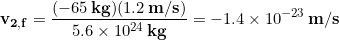 \begin{equation*} \bold{v_{2,f}}= \frac{(-65\,\bold{kg})(1.2\,\bold{m/s})}{5.6 \times 10^{24}\, \bold{kg}} = - 1.4\times 10^{-23} \, \bold{m/s} \end{equation*}