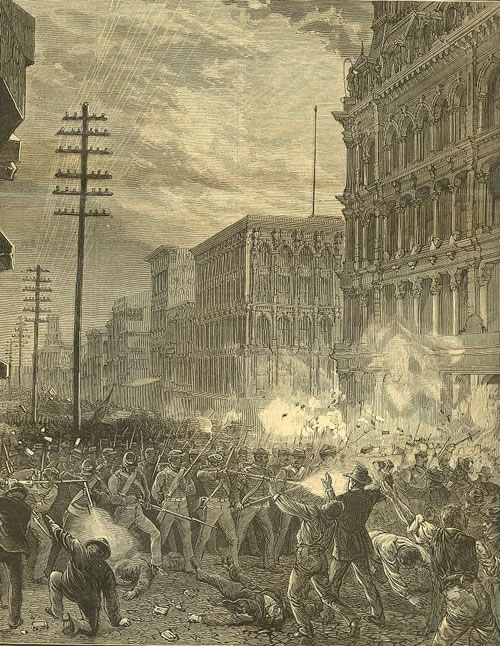 Etching of national guard soldiers firing on strikers in the streets of Baltimore