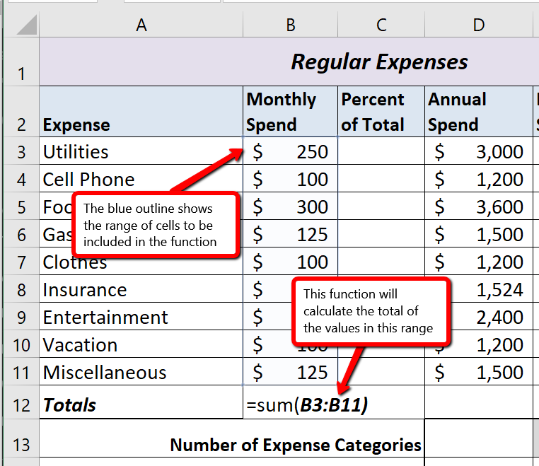 Budget Detail Worksheet showing range of cells included in function to calculate total of values before &quot;Enter&quot; is pressed.