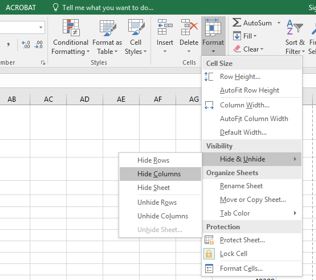 Format tab to Cell Size drop-down menu and Visibility options show Hide & Unhide and Hide Columns selected.