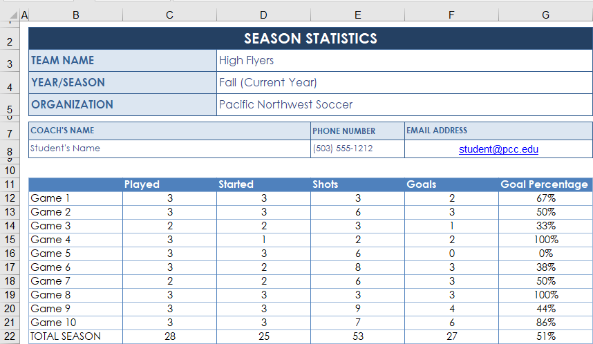 Soccer Stats Excel Spreadsheet Template