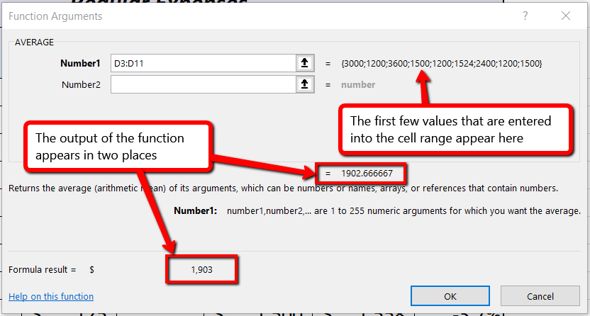 Function Arguments dialog box shows first few values next to cell range, and output of function appears both in center of box and at bottom as &quot;formula result&quot;.