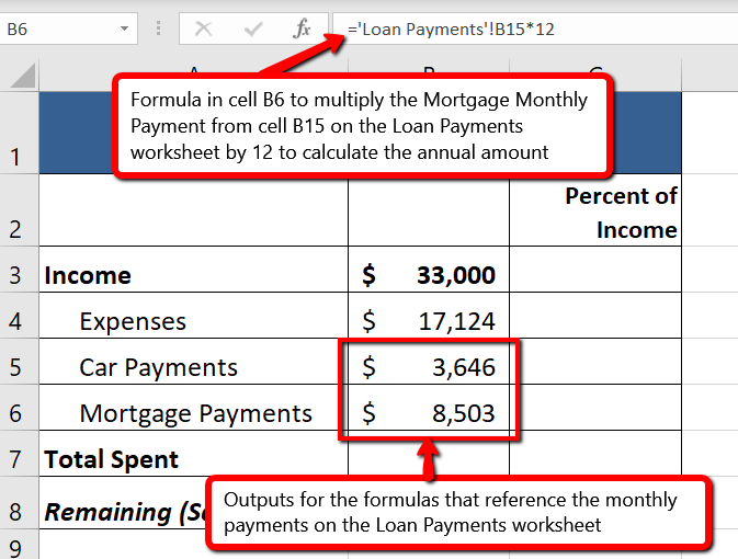 Formula &quot;='Loan Payments'!B15*12&quot; indicates that B15 reference is from Loan Payments worksheet. Outputs for formulas that reference cells in Loan Payments ($3,646 and $8,503) appear in cells B5 and B6 respectively.