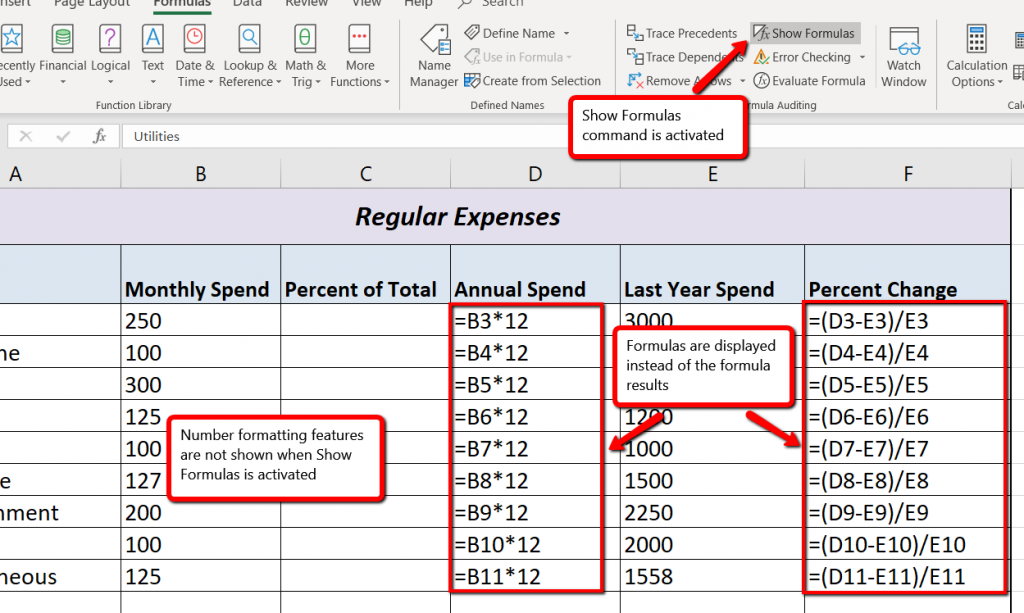 Formula tab open to Show Formulas. Formulas displayed instead of outputs in Columns D &amp; F.