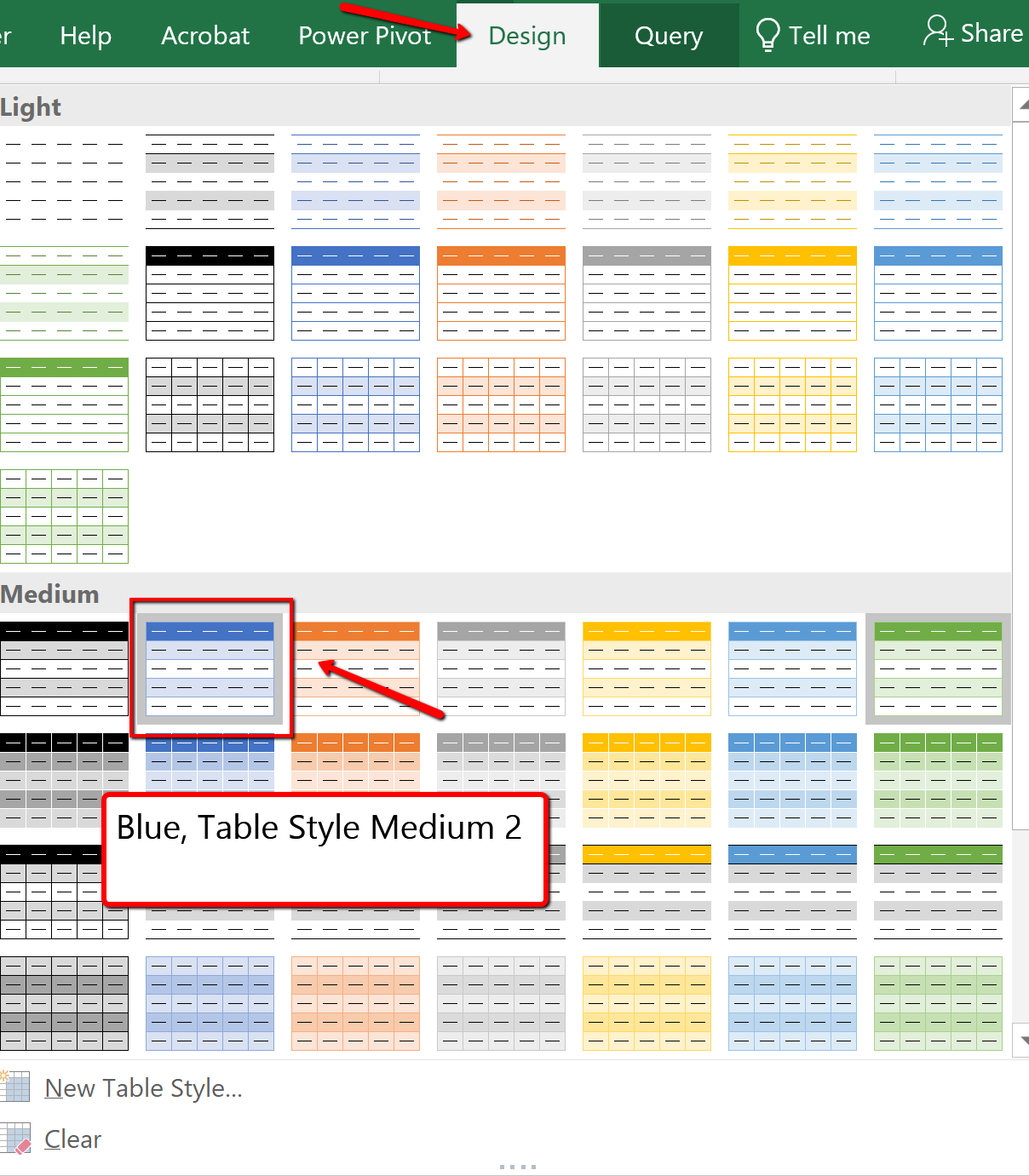 Screenshot of the Table Styles gallery