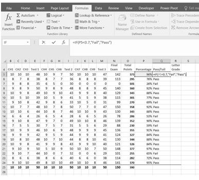 Formula bar shows IF function (=IF(PS&lt;0.7,&quot;fail&quot;,&quot;pass&quot;), P5:Q5 range selected, results of function with Pass or Fail for each student in column Q.