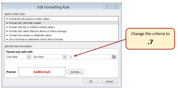 Conditional formatting Edit Formatting Rule Dialog box: &quot;Format only cells that contain&quot; selected, and &quot;Cell Value&quot; &quot;less than&quot; &quot;.7&quot; for criteria change.