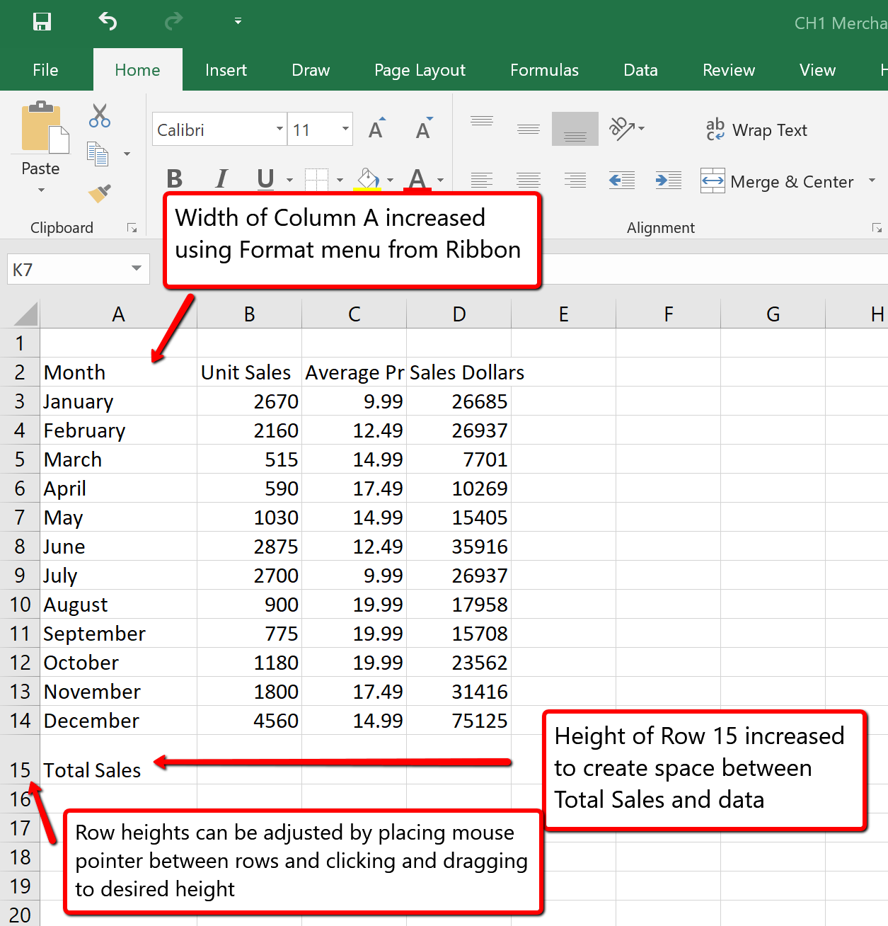 Column A width increased, Row 15 height increased to create space between totals and rest of data.