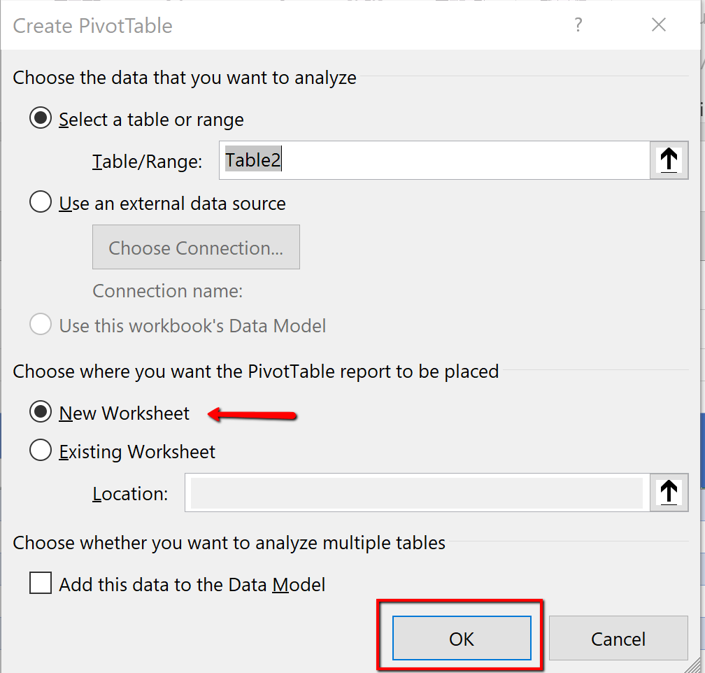 Screenshot of the Create PivotTable dialogue box