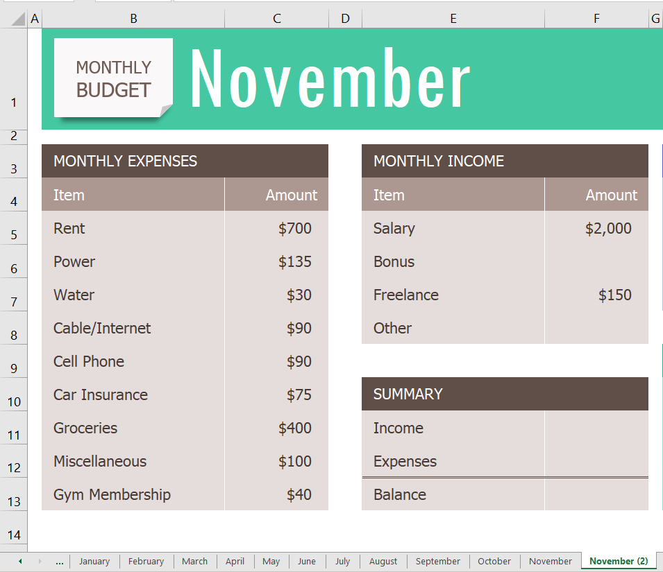 November worksheet open and tab to right is also &quot;November&quot; with &quot;(2)&quot; indicating this is a copy.