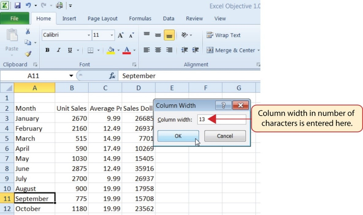 Cell A11 &quot;September&quot; activated and Column Width dialog box opened with &quot;13&quot; entered, the max number of characters to fit in that cell.