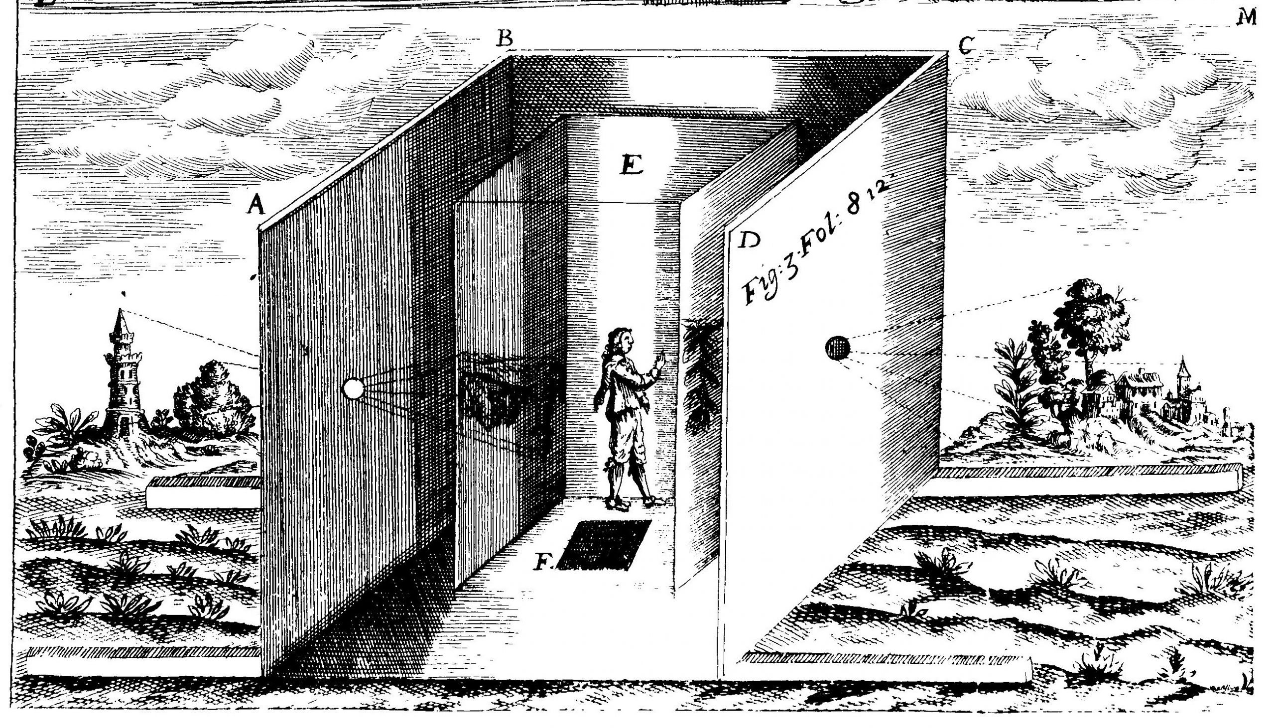 Diagram of a cutaway room in a landscape. A person traces images projected through a small hole in the wall onto a large surface. Another hole on the opposite wall projects an additional image upside down on an additional large surface behind the person.