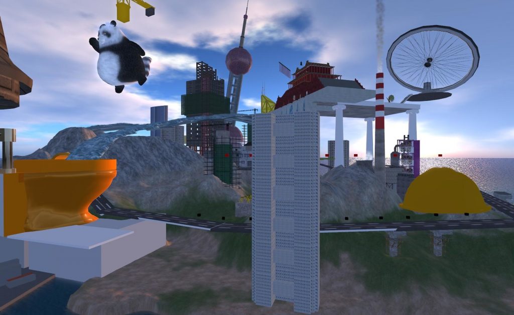 View of a digitally constructed city in Second Life, with orange toilet, flying panda and other fantastical elements.