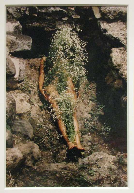 A figure covered in white flowers lays on her back, arms to her side, feet together. The figure is outside, surrounded by rocks and dirt, and is seen from a slightly aerial perspective.