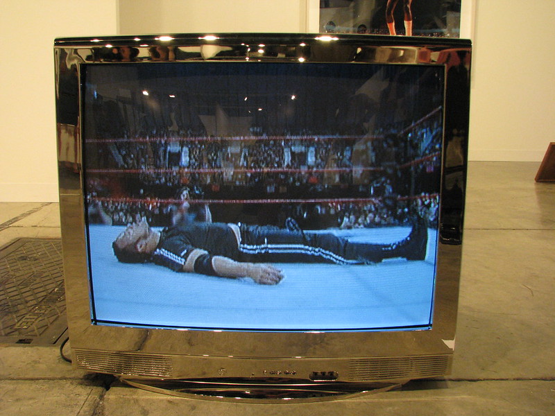 A metallic television screen, seen up close. On the screen, a boxer lays alone in a ring, spectators fill the stands