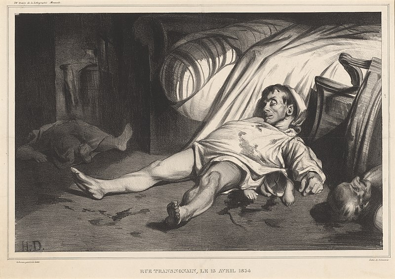 A lithography by Daumier showing a man in a nightgown in the foreground, slumped against a bed. There is a smaller body beneath him. There is a pair of feet in the middle left foreground and the head of an older man in the lower right. The bed is disheveled and there is an overturned chair in the middle right edge.