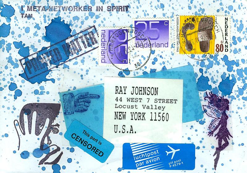 An envelope with address and stamps covering splatters of blue color.