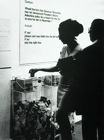 A black and white photograph of two visitors casting ballots into clear plexiglass boxes. The question is posted on the wall.