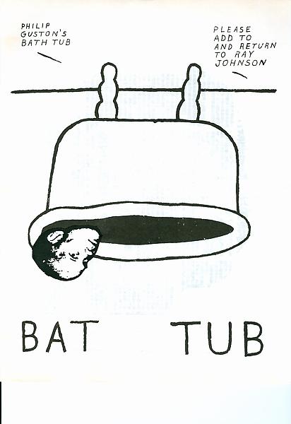 A drawn image of a person's head sticking out of a bath tub. The bath tub is upside down and words like "BAT" and "TUB" are printed on the image.