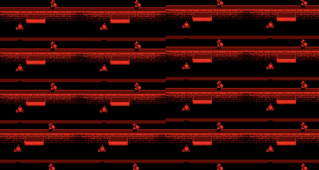 Screenshot from jodi.org. Red forms and lines from a scrolling video game on black background.