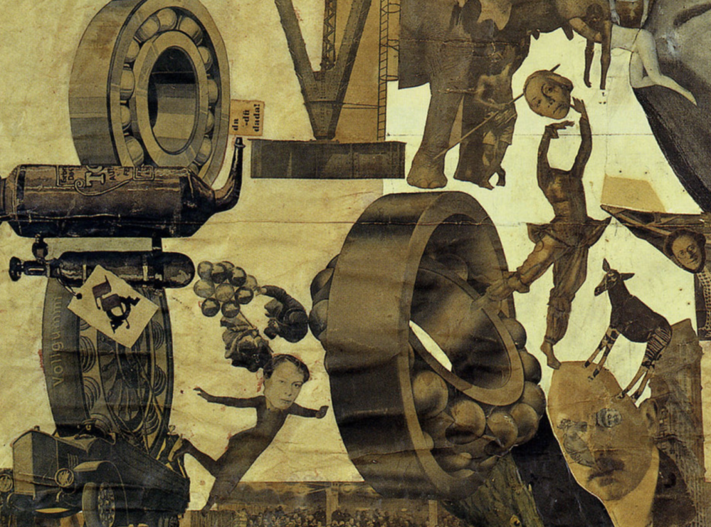 Collage with images of machines, women's bodies and other items cut from newspapers and magazines.