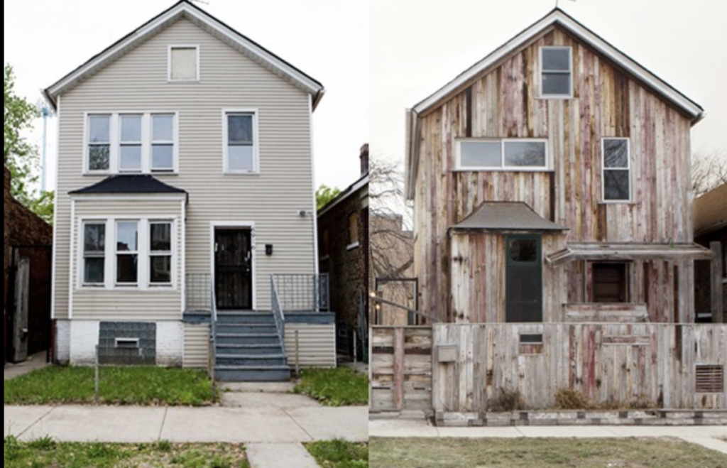 Two photographs of a home before and after the first building of the Dorchester Projects was finished.