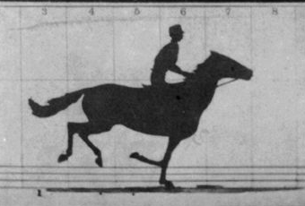 An animation of a man riding a horse. The horse appears to be galloping in place.