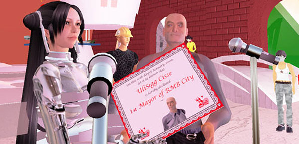 Cao Fei's avatar China Tracy handing a mayoral certificate to RMB City's first mayor in Second Life.