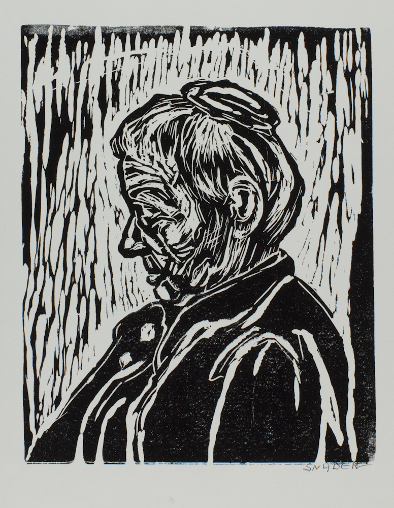 A woman, seen in profile and facing left. Her head tilts downward and her hair is in a bun. This is a black and white woodcut print.