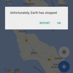 Ominous message from Google saying "Unfortunately, Earth has stopped."