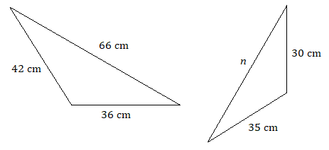 similar triangles: one with sides 42 cm, 66 cm, 36 cm; other with sides n, 30 cm, 35 cm.