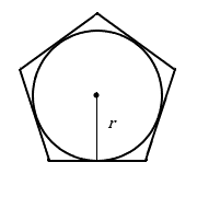 a regular pentagon with a circle inside it touching the center point of each side of the pentagon, and a radius drawn from the center straight down to the center of the bottom side, labeled lowercase r