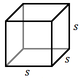 a three-dimensional square box with the bottom front edge labeled s, the bottom right edge labeled s, and the vertical right edge labeled s