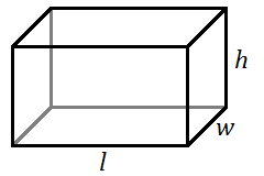 a three-dimensional rectangular box with the bottom front edge labeled l, the bottom right edge labeled w, and the vertical right edge labeled h