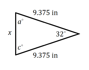 acute triangle labeled from the top going clockwise: side 9.375 in, angle 32 degrees, side 9.375 in, angle c degrees, side x, angle a degrees.