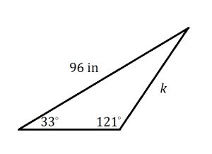 obtuse triangle labeled from the top going counterclockwise: side 96 in, angle 33 degrees, unmarked side, angle 121 degrees, side k, unmarked angle.