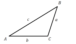 right triangle with acute angle A opposite side a, acute angle B opposite side b, and obtuse angle C opposite side c