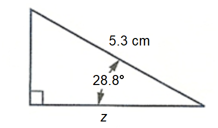 right triangle with southeast acute angle marked 28.8 degrees, then going clockwise, side marked z, right angle, unmarked side, unmarked acute angle, side marked 5.3 cm.