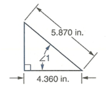 right triangle with southeast acute angle marked 1, then going clockwise, side marked 4.360 in, right angle, unmarked side, unmarked acute angle, slanted side marked 5.870 in.