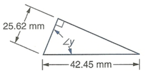 right triangle with southwest acute angle marked y, then going clockwise, side marked 25.62 mm, right angle, unmarked side, unmarked acute angle, side marked 42.45 mm.