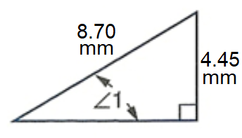 right triangle with southwest acute angle marked 1, then going counterclockwise, unmarked side, right angle, side marked 4.45 mm, unmarked acute angle, slanted side marked 8.70 mm.