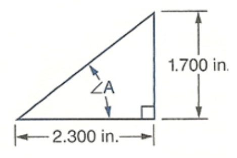 right triangle with southwest acute angle marked A, then going counterclockwise, side marked 2.300 in, right angle, side marked 1.700 in, unmarked acute angle, unmarked slanted side.