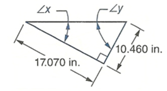 right triangle with northwest acute angle marked x, then going counterclockwise, side marked 17.070 in, right angle, side marked 10.460 in, acute angle marked y, unmarked side.