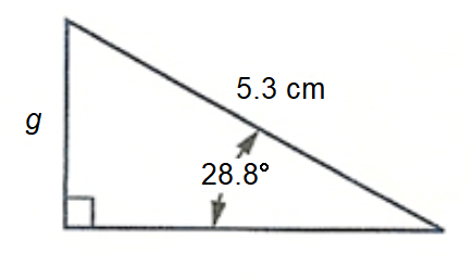 right triangle with southeast acute angle marked 28.8 degrees, then going clockwise, unmarked side, right angle, side marked g, unmarked acute angle, side marked 5.3 cm.