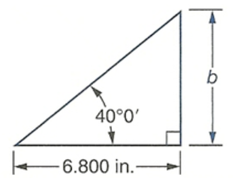 right triangle with lower left acute angle marked 40 degrees 0 minutes, then going counterclockwise, side marked 6.800 in, right angle, side marked b, unmarked acute angle, unmarked side.